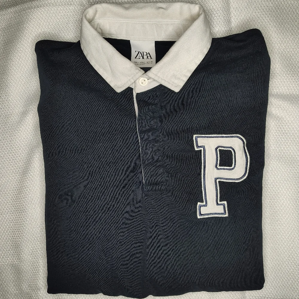 Navy and White Striped Long Sleeve ZARA Polo Shirt - Picture 9 of 9